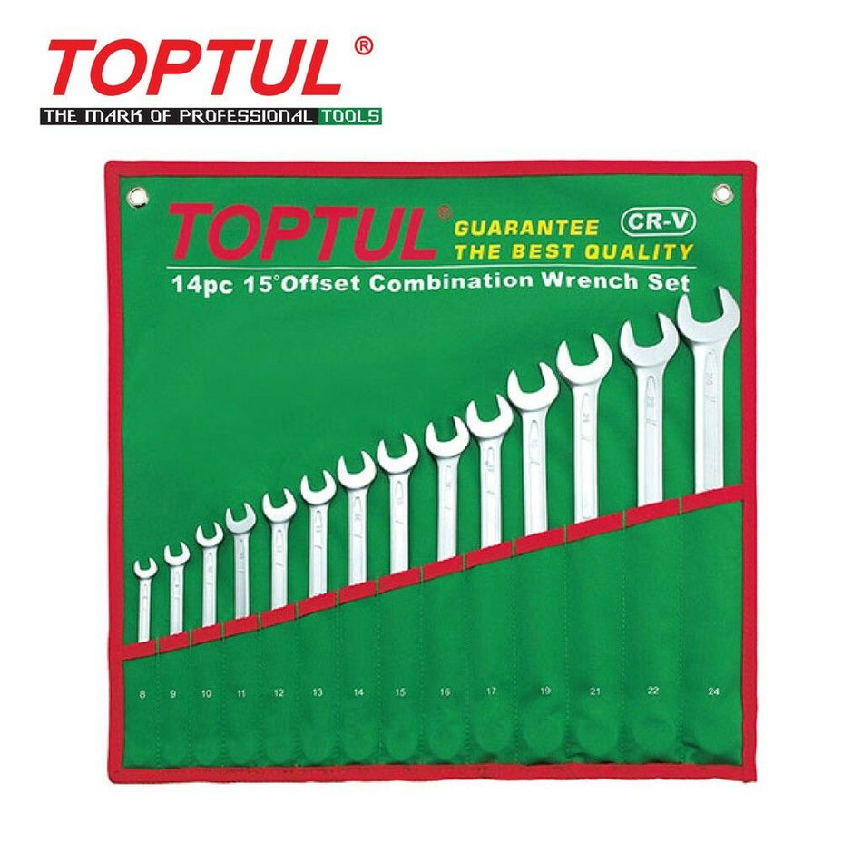 TOPTUL 14PCS 15° Offset Long Combination Wrench Set Pouch Bag - Green GAAA1410