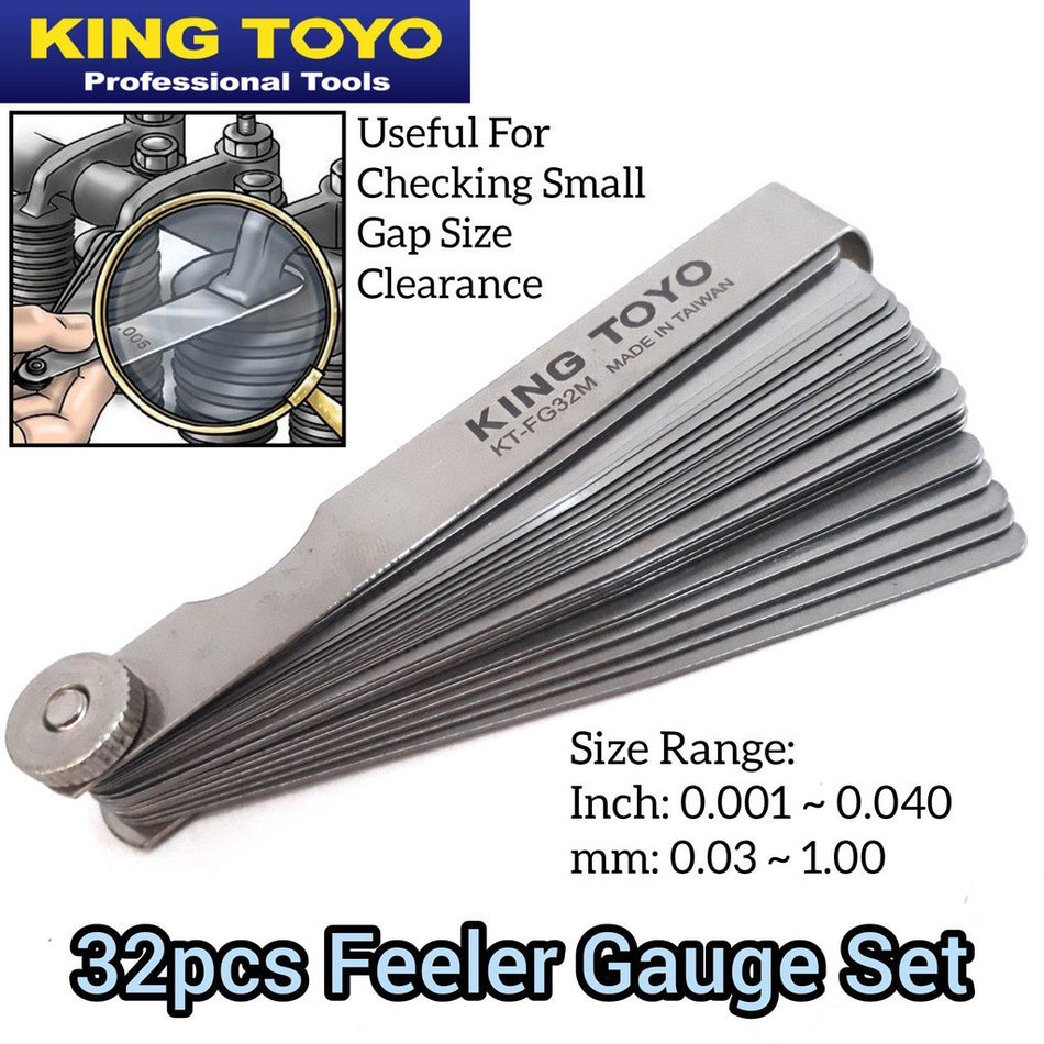 KingToyo KT-FG32M 32 Blades Feeler Gauge (MM & Inches)MM Range: 0.03 to 1.00mm  Inches Range:  0.001 - 0.040 Inch
