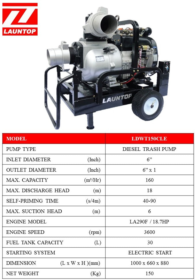 Launtop LDWT150CLE Trash Pump with Diesel Engine, Discharge 6″x6″, Max.Head 18m, 18.7HP, 3600rpm, Diesel 4 Stroke, Fuel Tank Capacity 30 Litre, 150kg
