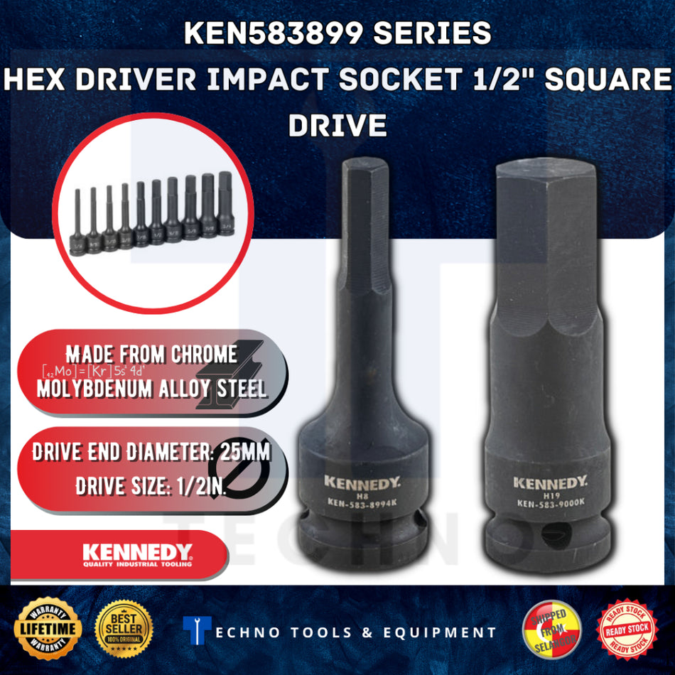 KENNEDY 6 - 17mm HEX DRIVER IMPACT SOCKET 1/2" SQ. DR. KEN5838992K - KEN5838998K
