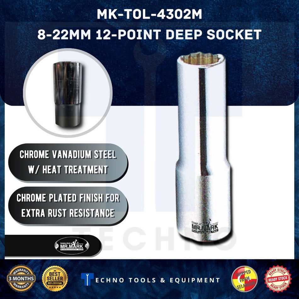 MK-TOL-4302M (08-22mm) Mr.Mark 1/2" 12-Point Deep Socket CRV Hand Socket