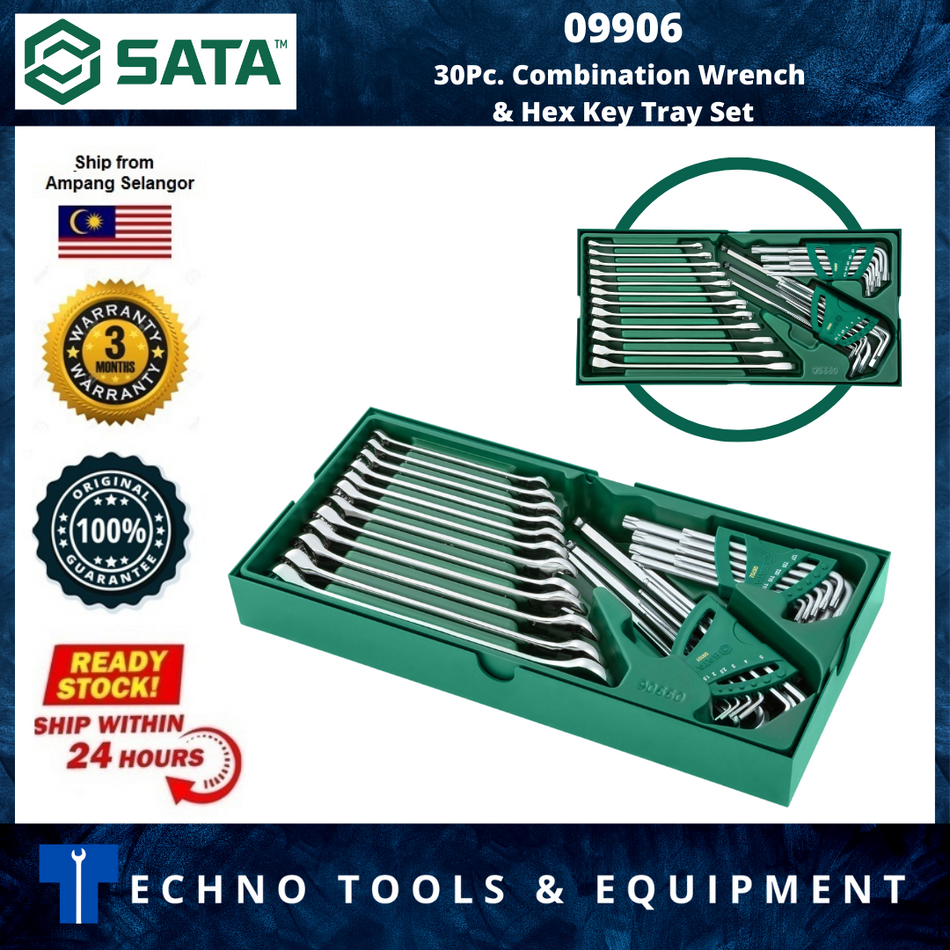 SATA 09906 30 pcs Combination Wrench & Hex Key Tray Set