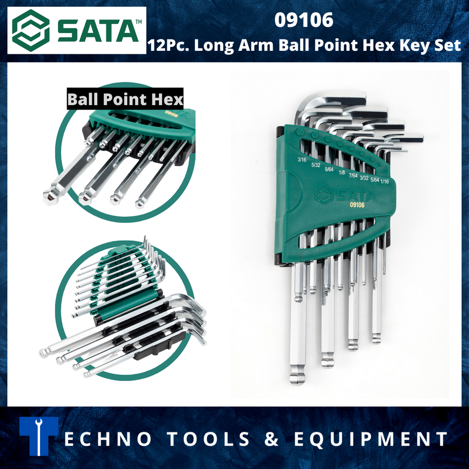 SATA 09106 12Pc. Long Arm Ball Point Hex Key Set, S.A.E.