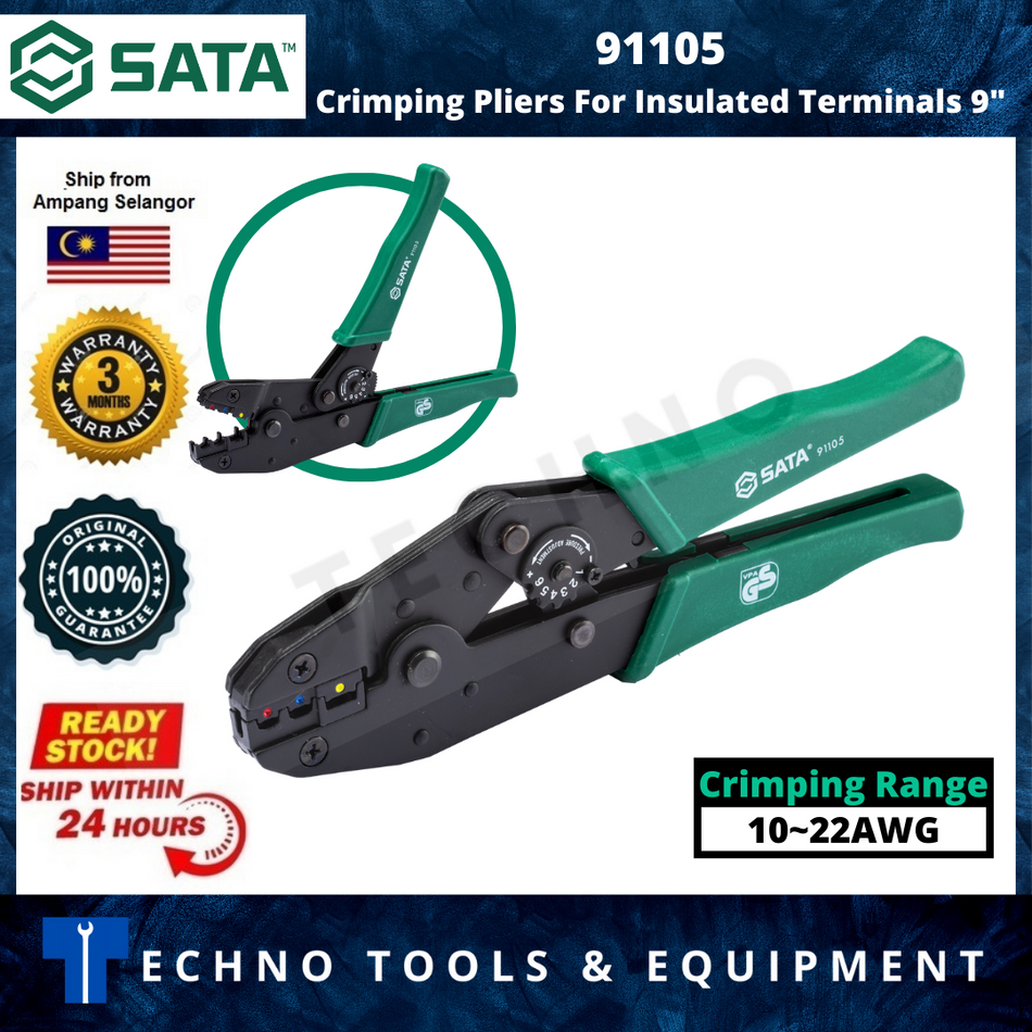 SATA 91105 9" Crimping Pliers For Insulated Terminals LIFETIME WARRANTY