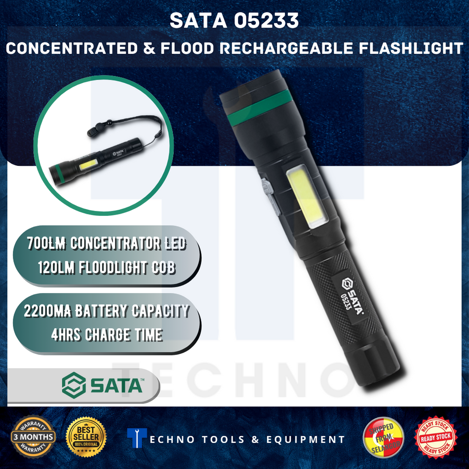 SATA 05233 Concentrated & Flood Rechargeable Flashlight w/ Battery & USB Cable
