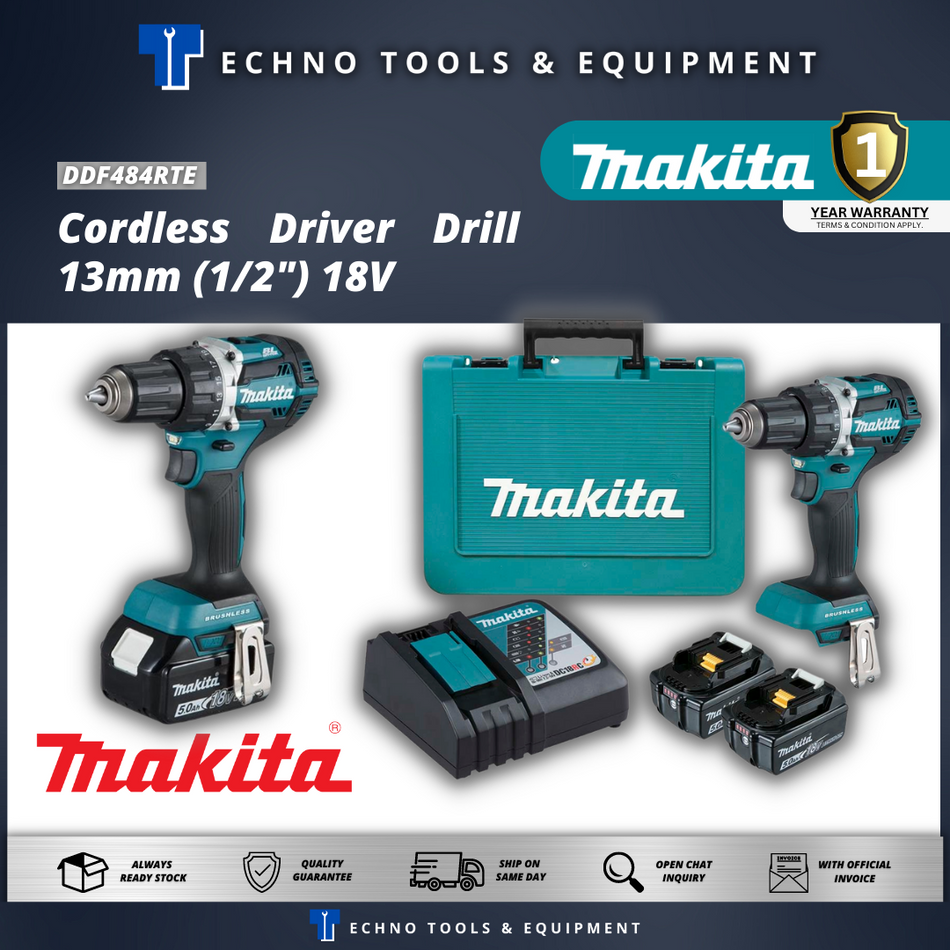 MAKITA DDF484RTE Cordless Driver Drill 13mm (1/2") 18V - 1 Year Warranty