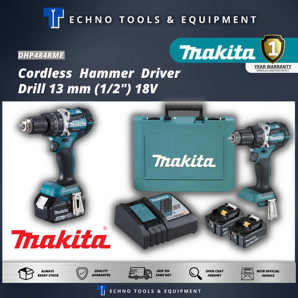MAKITA DHP484RME Cordless Hammer Driver Drill 13 mm (1/2") 18V - 1 Year Warranty