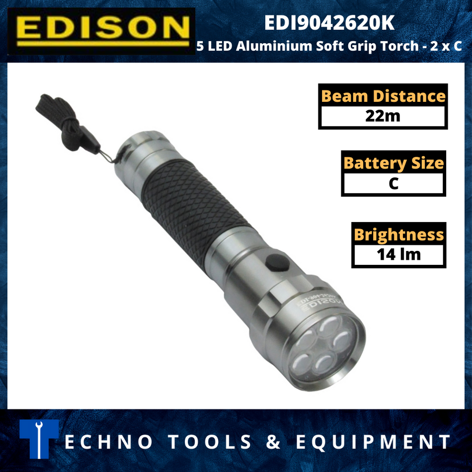 EDISON EDI9042620K 5 LED Aluminum Soft Grip Torch - 2 x C