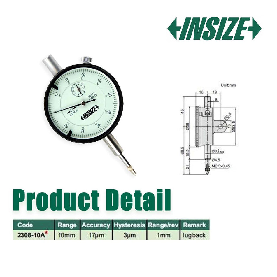 INSIZE 2308-10A DIAL INDICATOR WITH LUG BACK 10mm x 0.01mm\