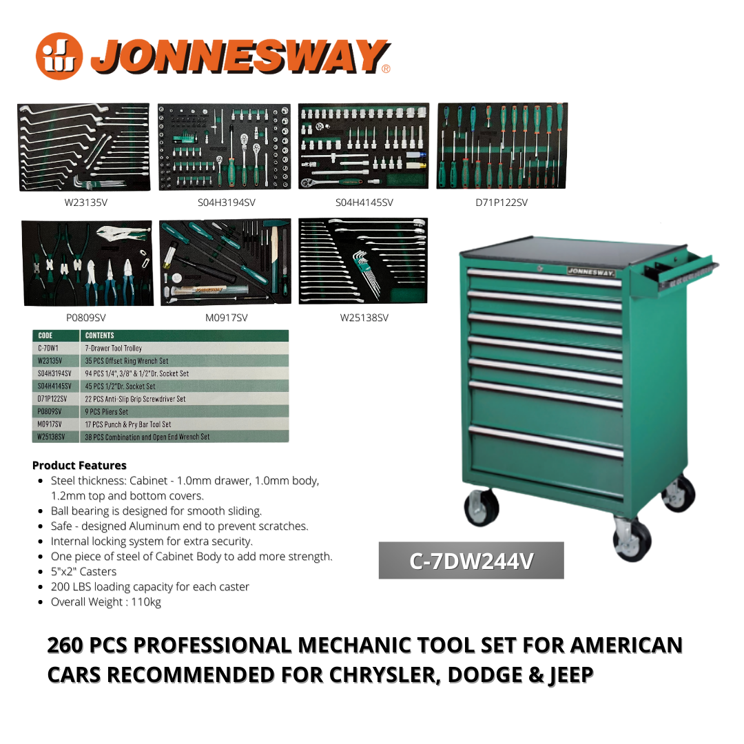 JONNESWAY 260 PCS PROFESSIONAL MECHANIC TOOL SET FOR JEEP, CHRYSLER  –  Techno Tools  Equipment