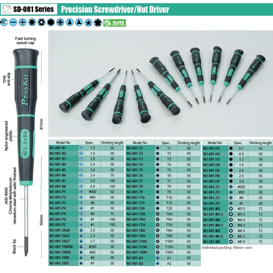 Pro'sKit SD-081 Series Precision Screwdriver ( Slotted / Phillips / Hex Nut / Torx )