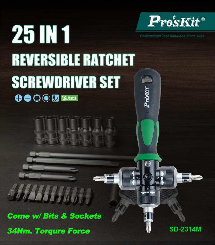 PRO'SKIT SD-2314M 25 In 1 Reversible RatchetScrewdriverW/Bits &amp; SocketsSet