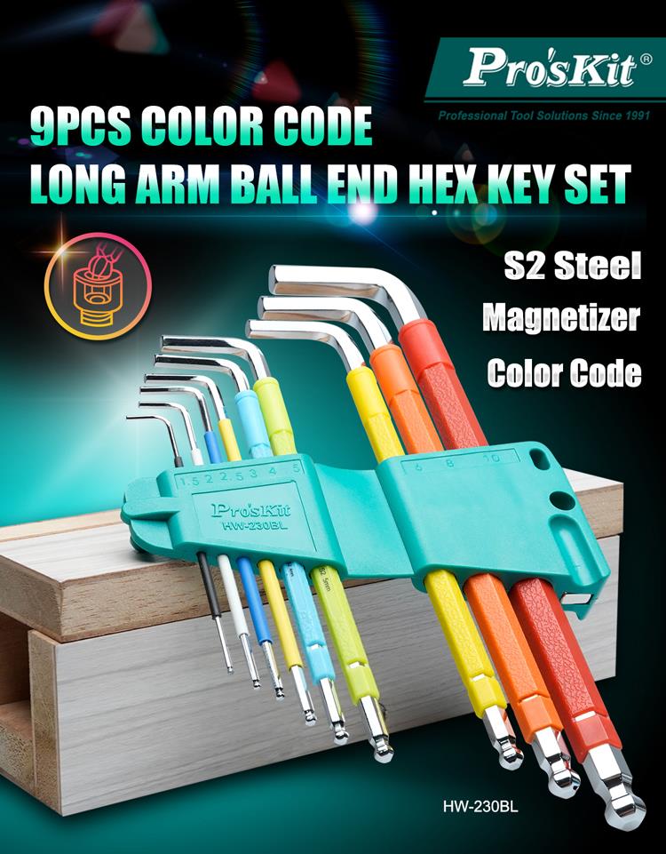 PRO'SKIT HW-230BL 9PCS Color Code Extra Long Arm Ball Point Hex Key ...