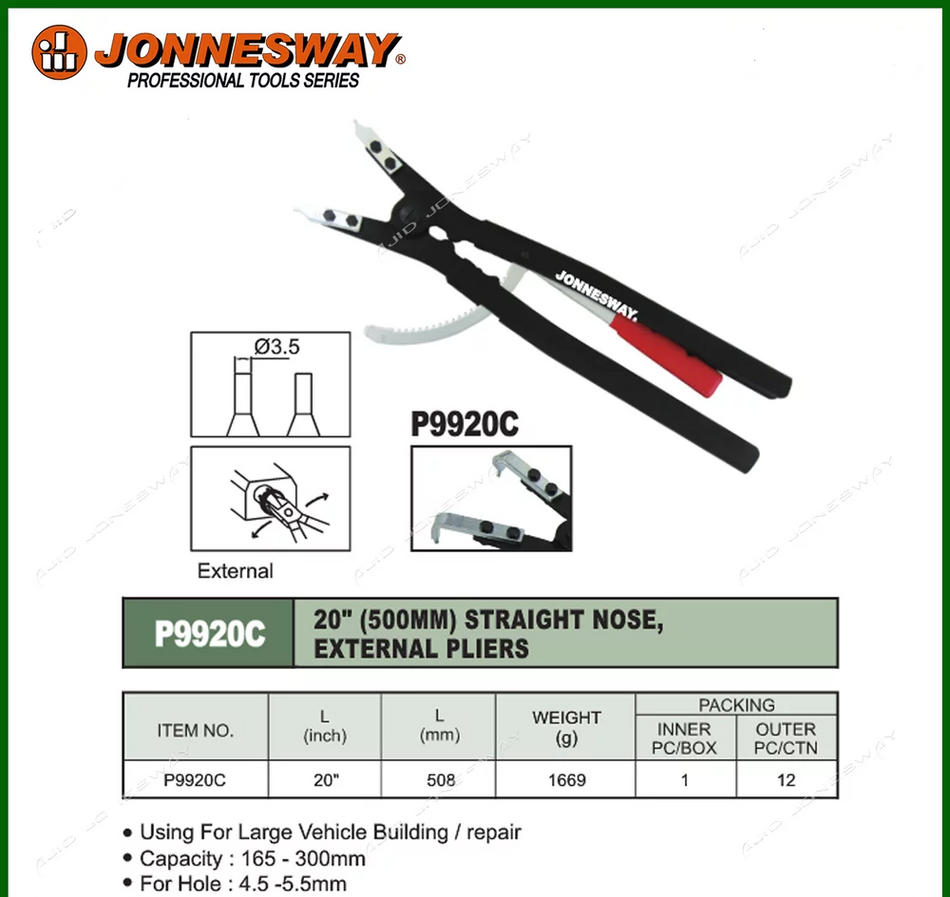 JONNESWAY 20″ (500MM) STRAIGHT NOSE, EXTERNAL PLIER P9920C