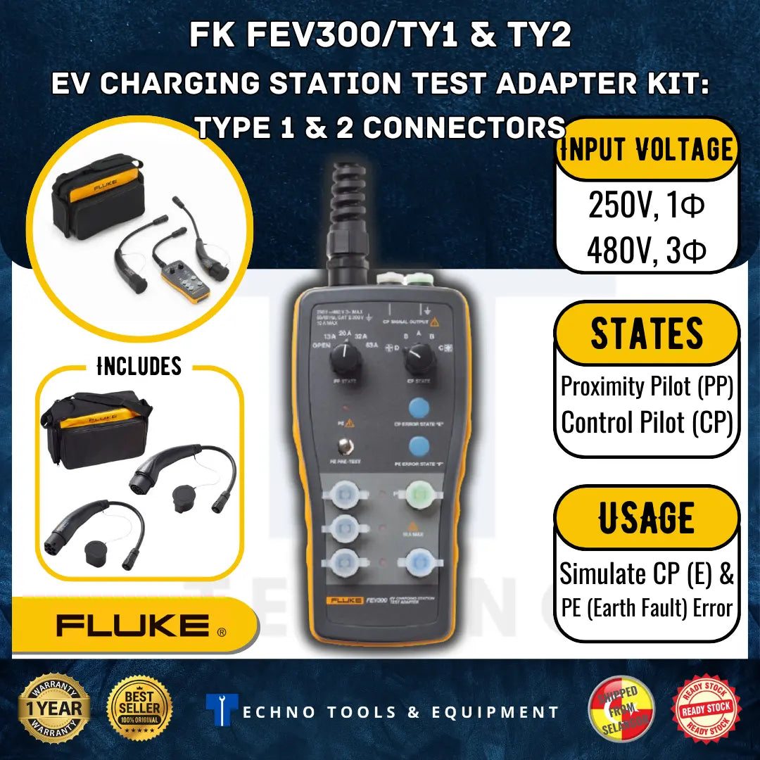 Fluke FK FEV300/TY1 & TY2 EV Charging Station Test Adapter Kit: Type 1 & 2 Connectors - Techno Tools & Equipment