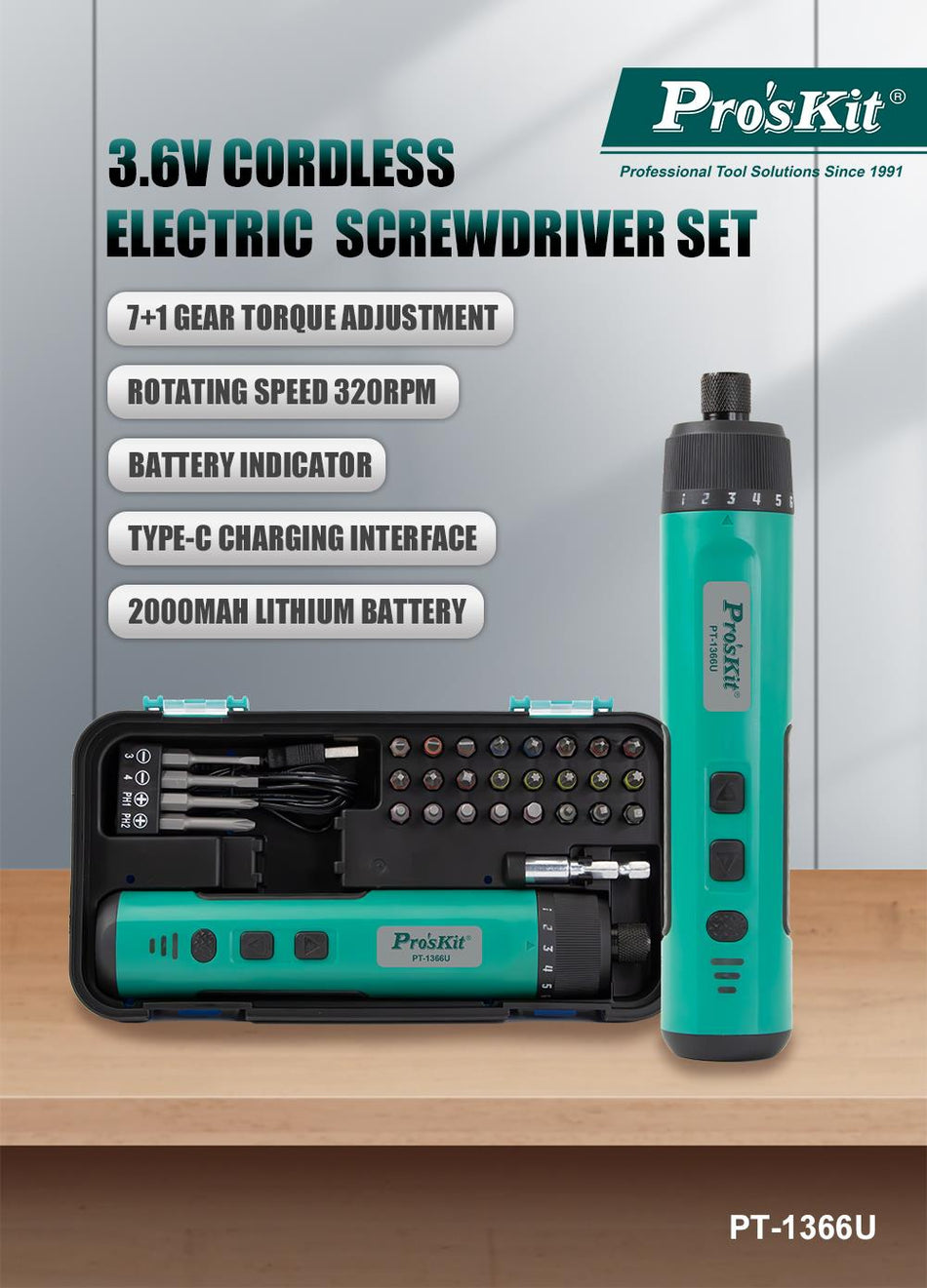 PRO'SKIT PT-1366U 3.6V Cordless Electric Screwdriver Set