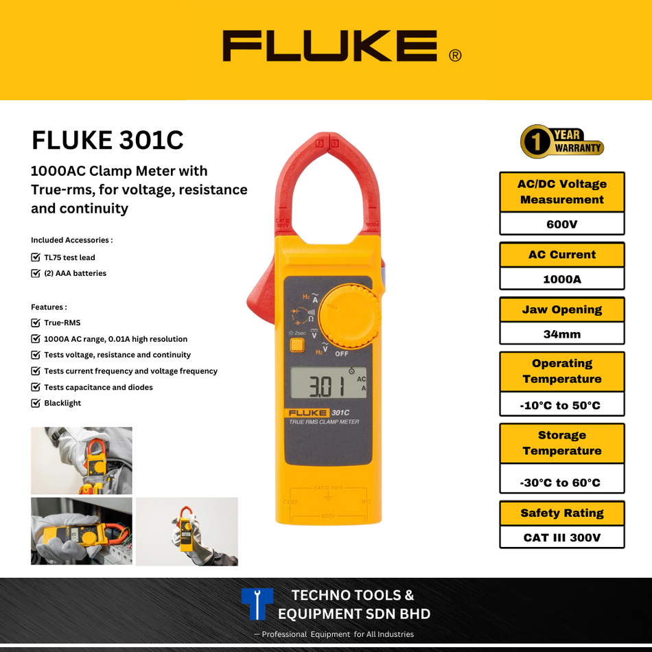 FLUKE 301C 1000AC Clamp Meter with True-rms, for voltage, resistance and continuity