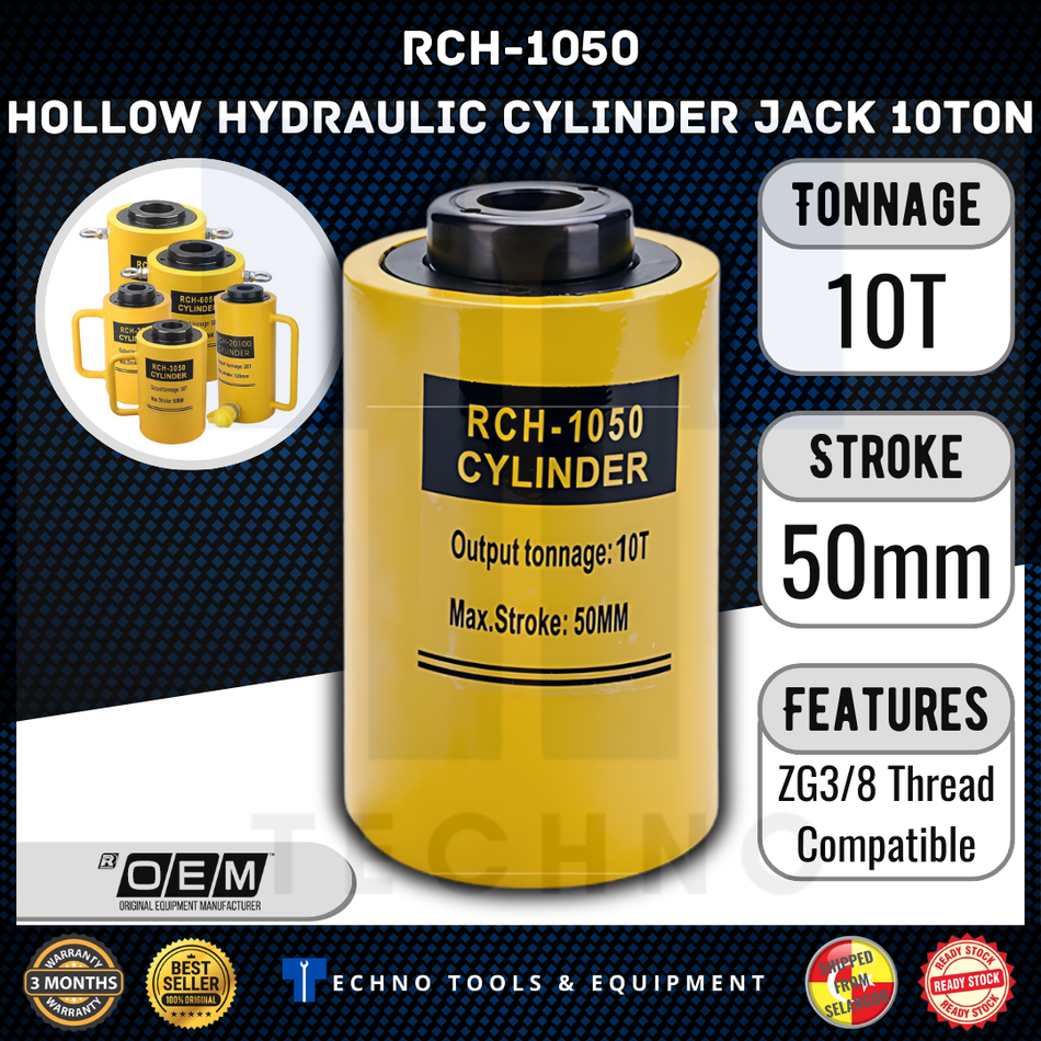 Ready Stock 10T Hollow Hydraulic Cylinder RCH-1050 / RCH-10100 50mm 100mm Stroke