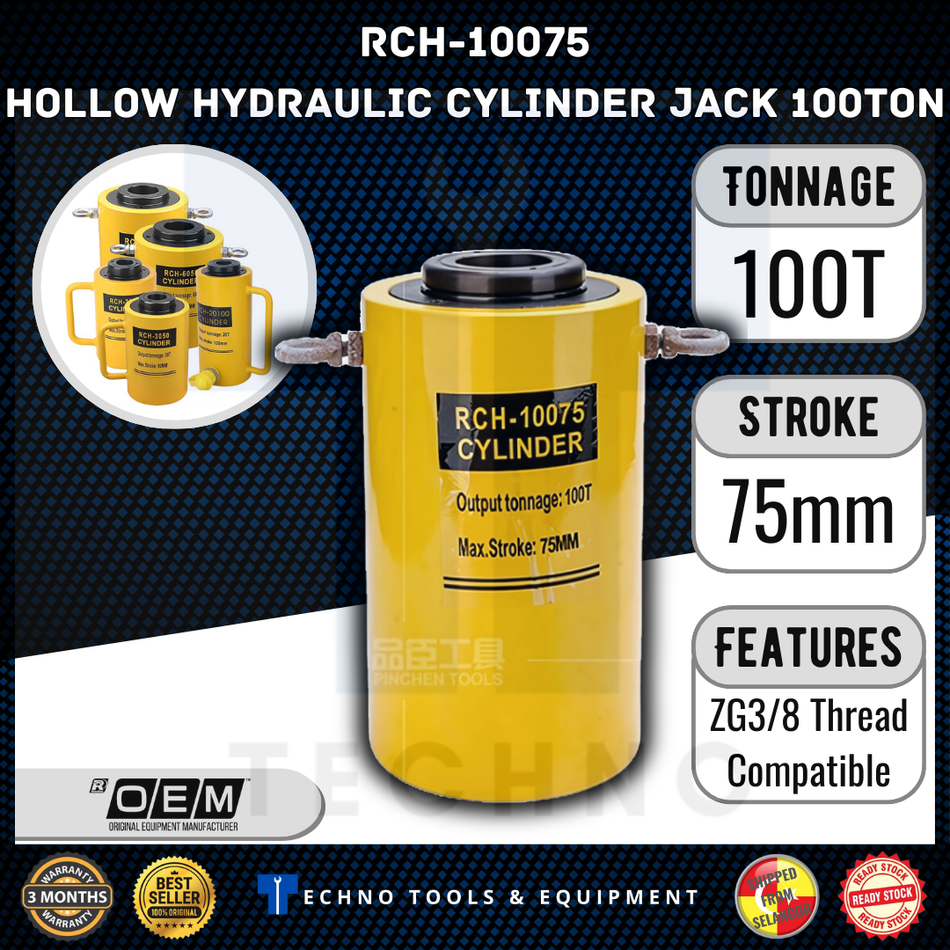 RCH-10075 Hollow Hydraulic Cylinder Jack 100 Ton 75mm Stroke