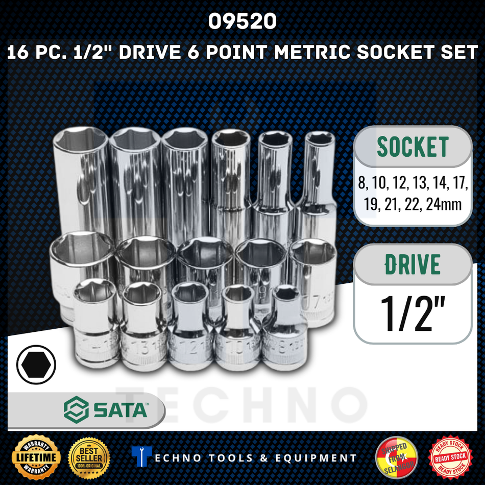 SATA 09520 1/2" Drive 6 Point Metric Socket Set 16PCS