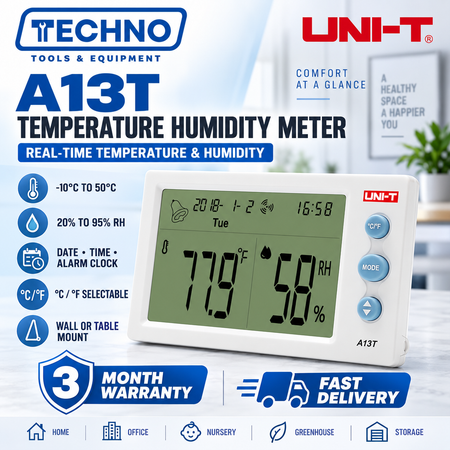 Uni-T A13T Temperature Humidity Meter | Indoor Outdoor Hygrometer with Clock & Alarm UNI-T