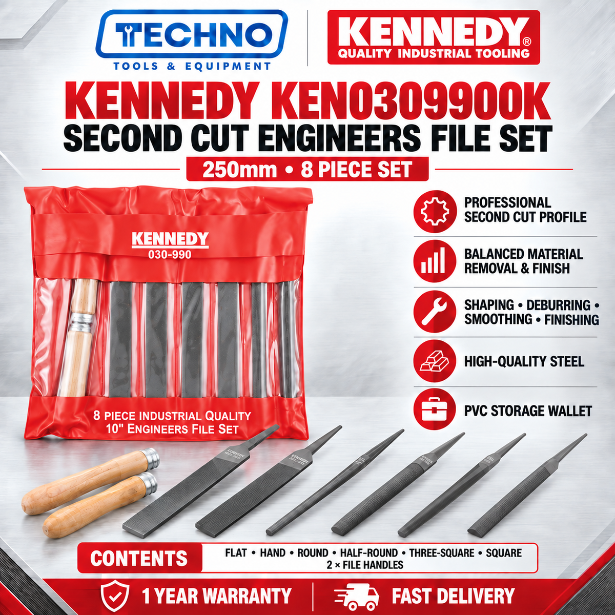KENNEDY 6" 8" 10" (150mm-250mm) SECOND CUT ENGINEERS FILE SET-8PCE KEN0309860K KEN0309880K KEN0309900K KENNEDY