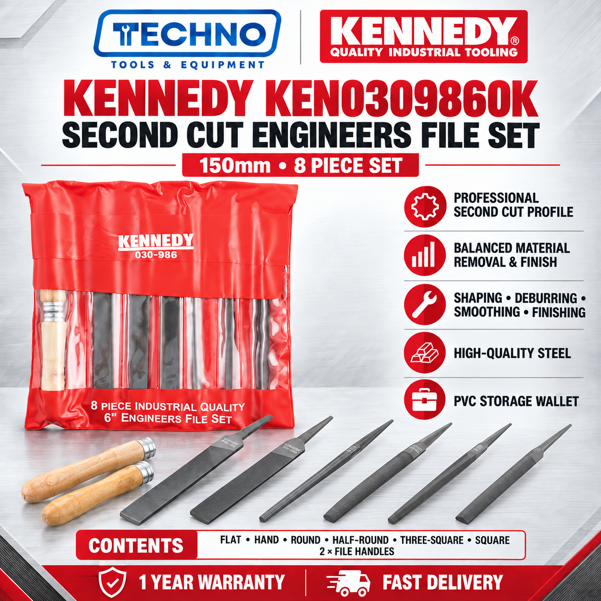KENNEDY 6" 8" 10" (150mm-250mm) SECOND CUT ENGINEERS FILE SET-8PCE KEN0309860K KEN0309880K KEN0309900K KENNEDY