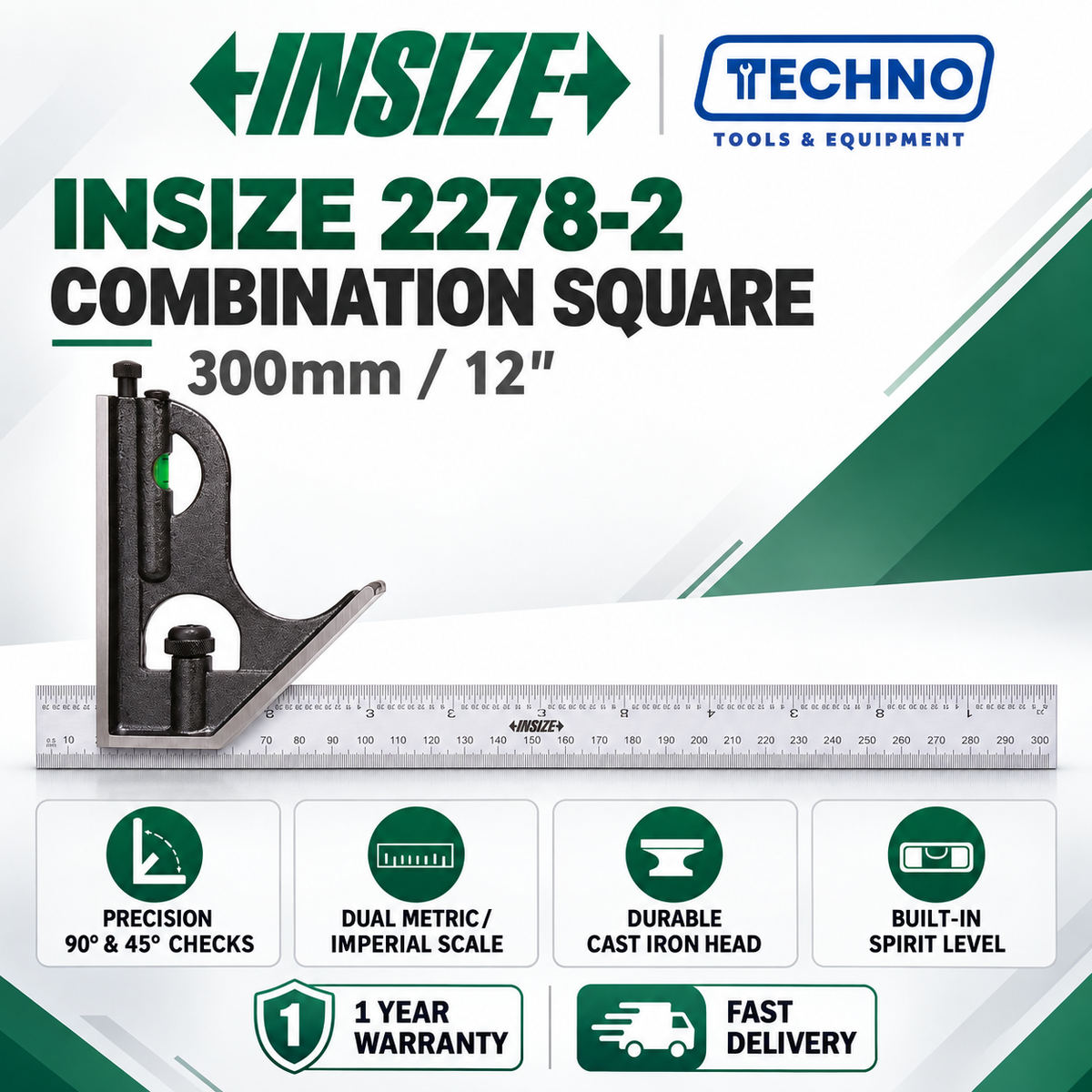 INSIZE 2278-2 Combination Square Set (300mm / 12") INSIZE