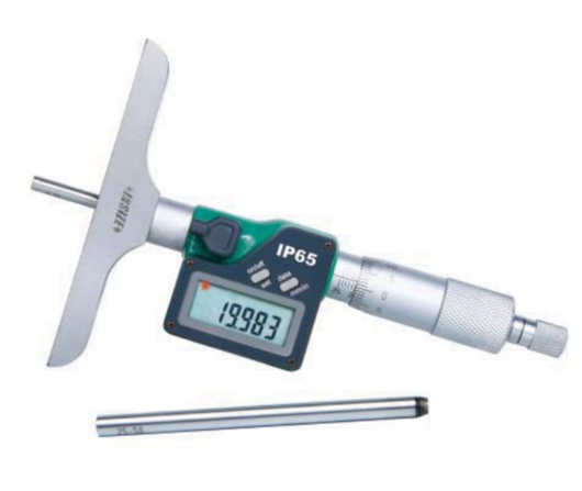 Insize 3540-50 Digital Depth Micrometer with a digital display showing measurement, green and silver color scheme, model number and brand visible.