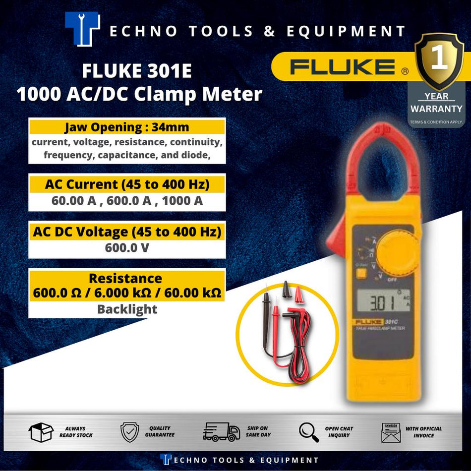 FLUKE 301E 1000A AC/DC Clamp Meter voltage, resistance & continuity, current & voltage frequency, capacitance & diodes