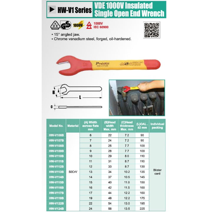 Pro'skit HW-V124B 1000V Insulated Single Open End Wrench (24mm)