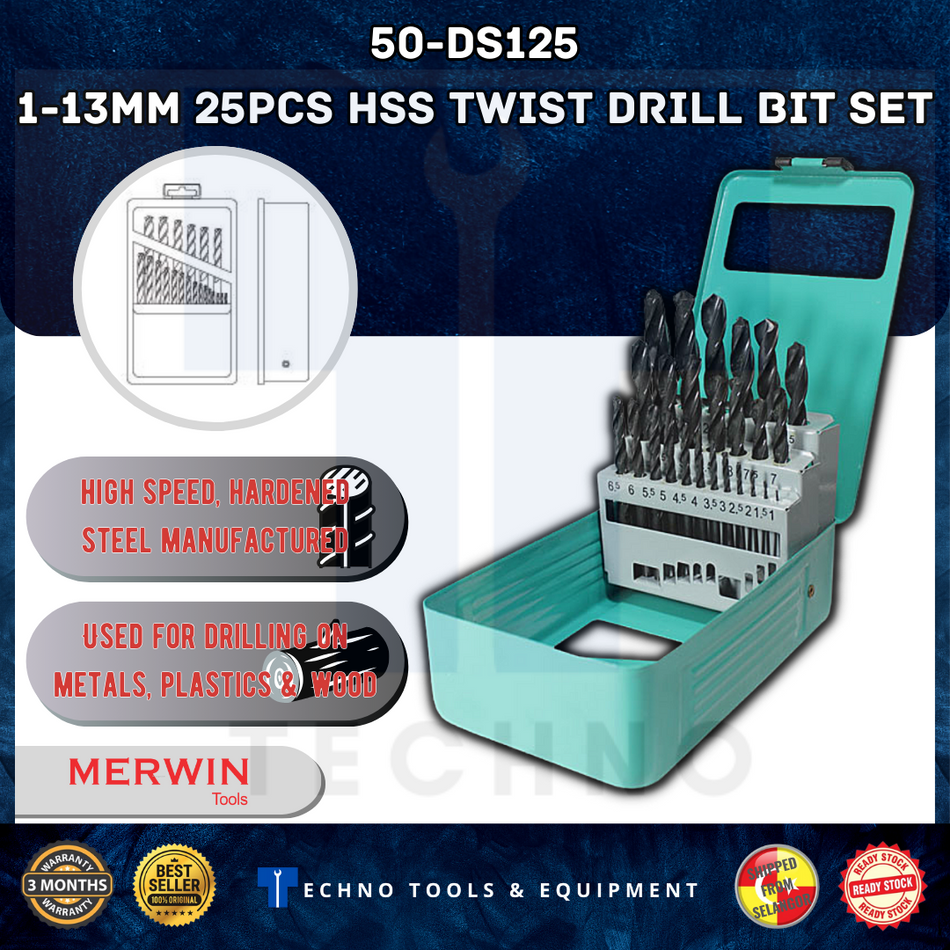 25 pcs HSS High Speed Steel Twist Drill Bit Set (1-13mm) Metric W/ Metal Case