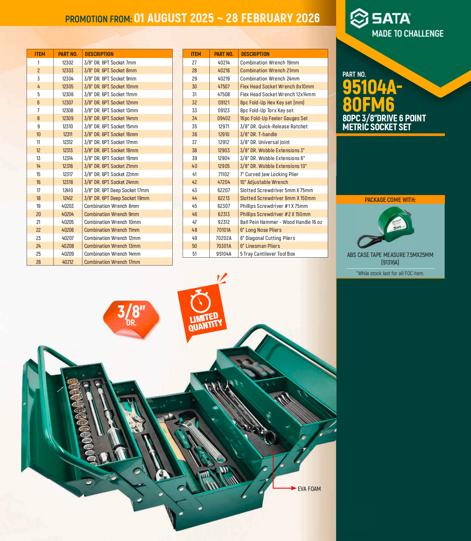 SATA 95104A-80FM / SATA 95104A-80FM6 , 80pcs 3/8” Dr Socket Tools Set With 5 Tray Cantilever Toolbox SATA