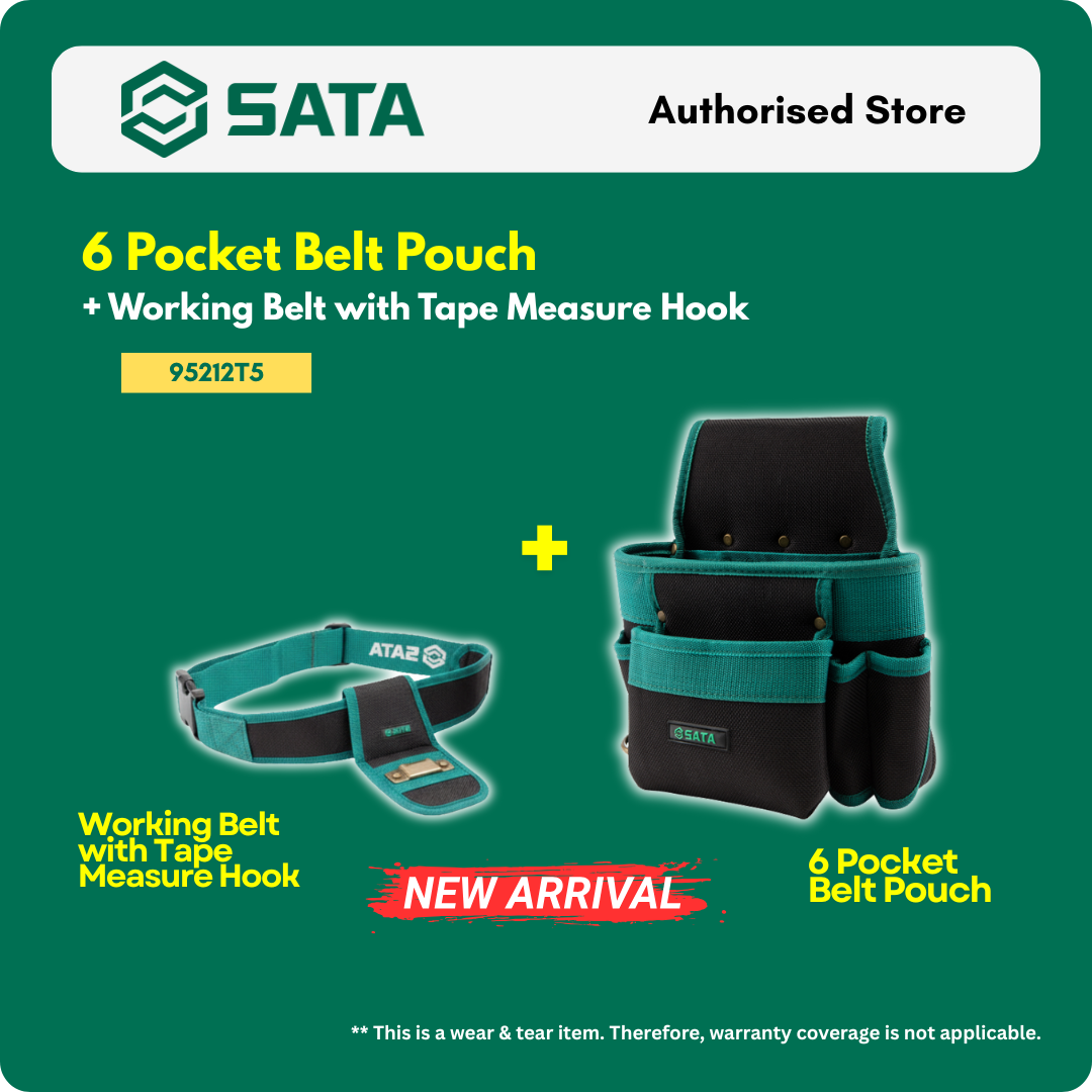 SATA 95212T5 6 pocket belt pouch with adjustable working belt and tape measure hook. Durable waterproof nylon for professional tool carrying.