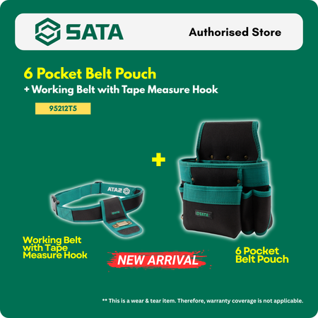 SATA 95212T5 6 pocket belt pouch with adjustable working belt and tape measure hook. Durable waterproof nylon for professional tool carrying.