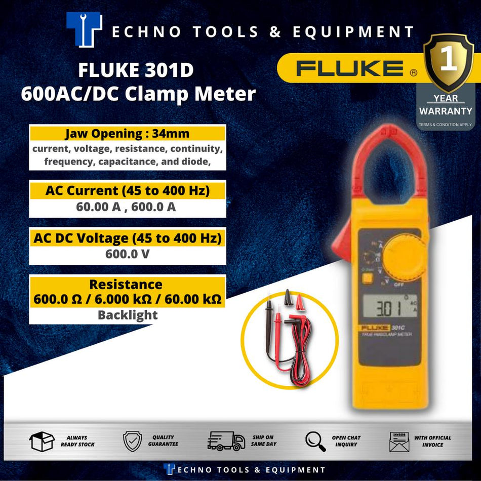 FLUKE 301D 600AC/DC Clamp Meter voltage, resistance and continuity, current & voltage frequency, capacitance & diodes