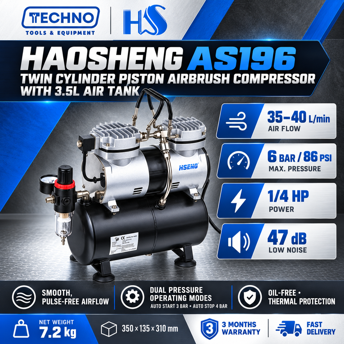 HAOSHENG AS196 Twin Cylinder Piston Airbrush Compressor Only (Airbrush not Included) HAOSHENG