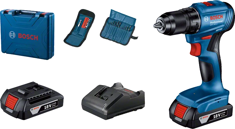 Bosch GSR185-LI cordless drill set with case, battery, and charger on a white background