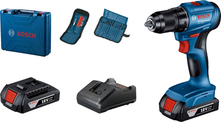 Bosch GSR185-LI cordless drill set with case, battery, and charger on a white background