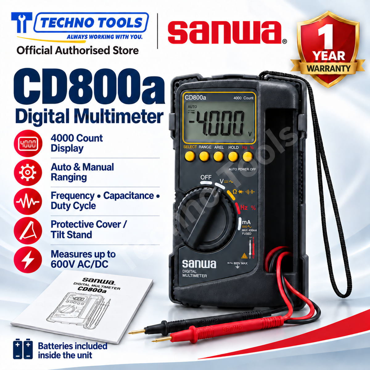 Sanwa CD800a digital multimeter, 4000 count, 600V, with protective body cover