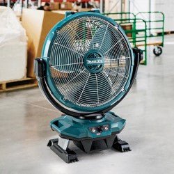 Makita CF003GZ 40V Cordless Fan | Heavy-Duty Cooling Power portable industrial fan on a concrete floor with a blurred background