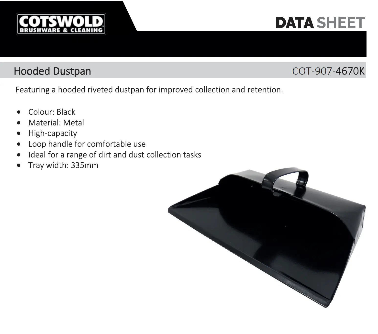 Cotswold COT9074670K Black hooded dustpan with product details.