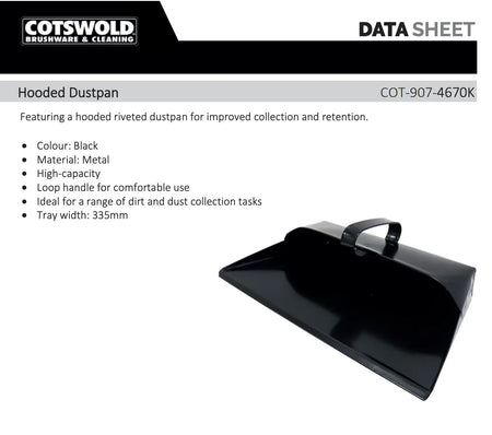 Cotswold COT9074670K Black hooded dustpan with product details.