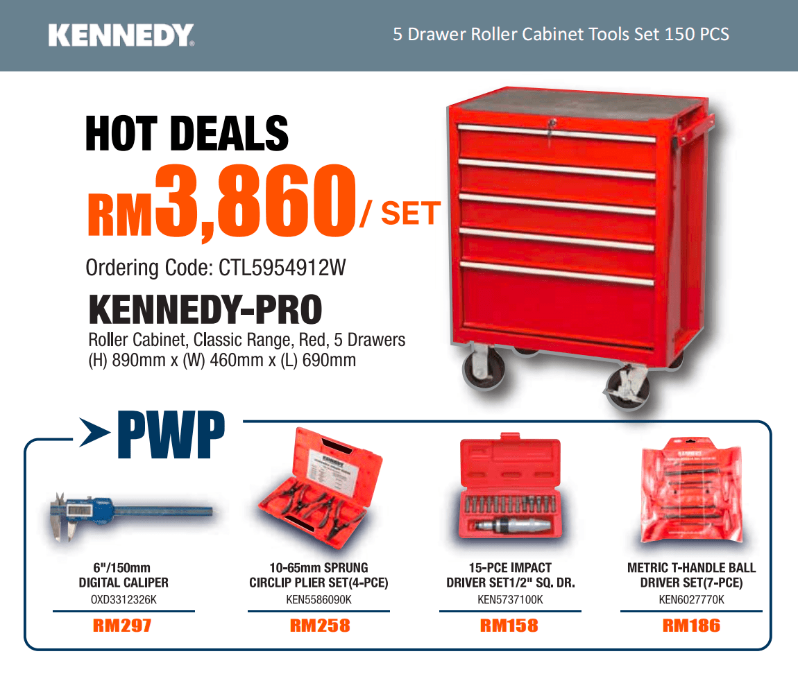 Kennedy-Pro 5 Drawer Roller Cabinet Tools Set 150 PCS, CTL5954912W Techno Tools & Equipment