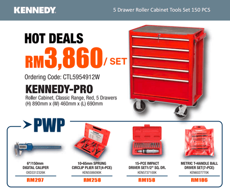 Kennedy-Pro 5 Drawer Roller Cabinet Tools Set 150 PCS, CTL5954912W Techno Tools & Equipment