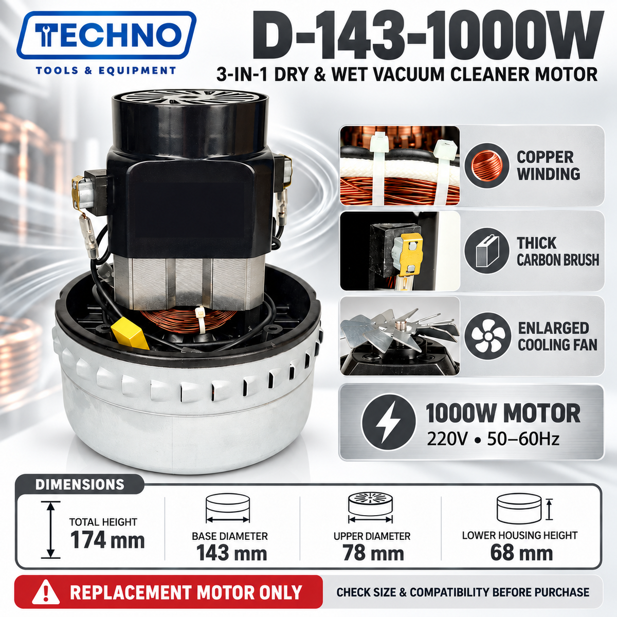 Vacuum Motor for 3 in 1 vacuum Dry & Wet Vacuum Cleaner Motor For Karcher/Ogawa/Systema/Europower 1200W/1500W/1600W - New Techno Tools & Equipment