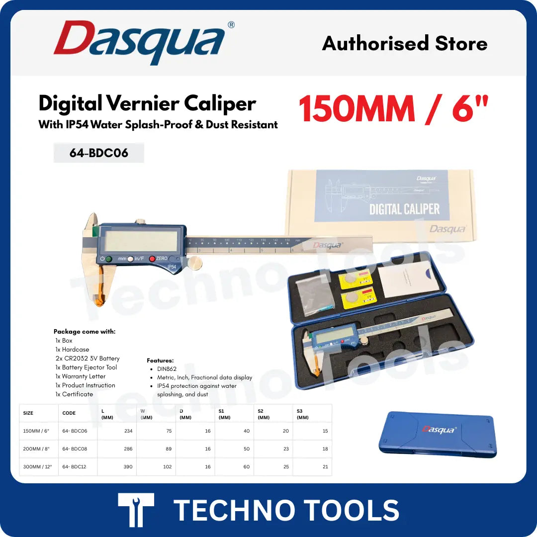 Dasqua Digital vernier caliper with packaging featuring IP54 Protection with data specification table for model 64-BDC06 150MM / 6"