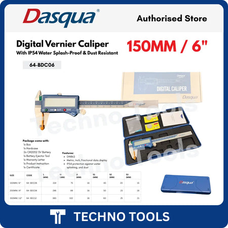 Dasqua Digital vernier caliper with packaging featuring IP54 Protection with data specification table for model 64-BDC06 150MM / 6"