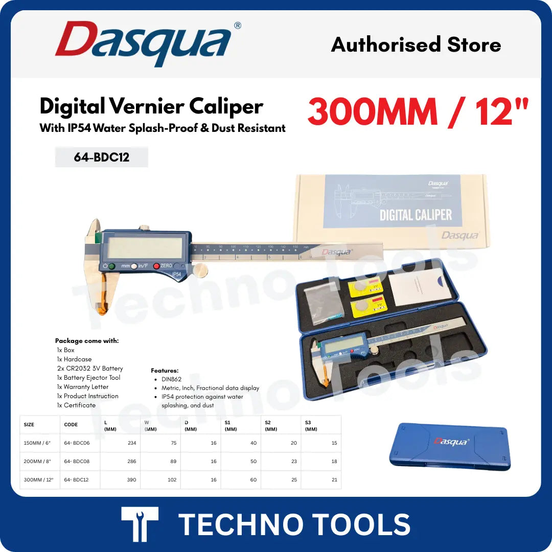 Dasqua Digital vernier caliper with packaging featuring IP54 Protection with data specification table for model 64-BDC12 300MM / 12"