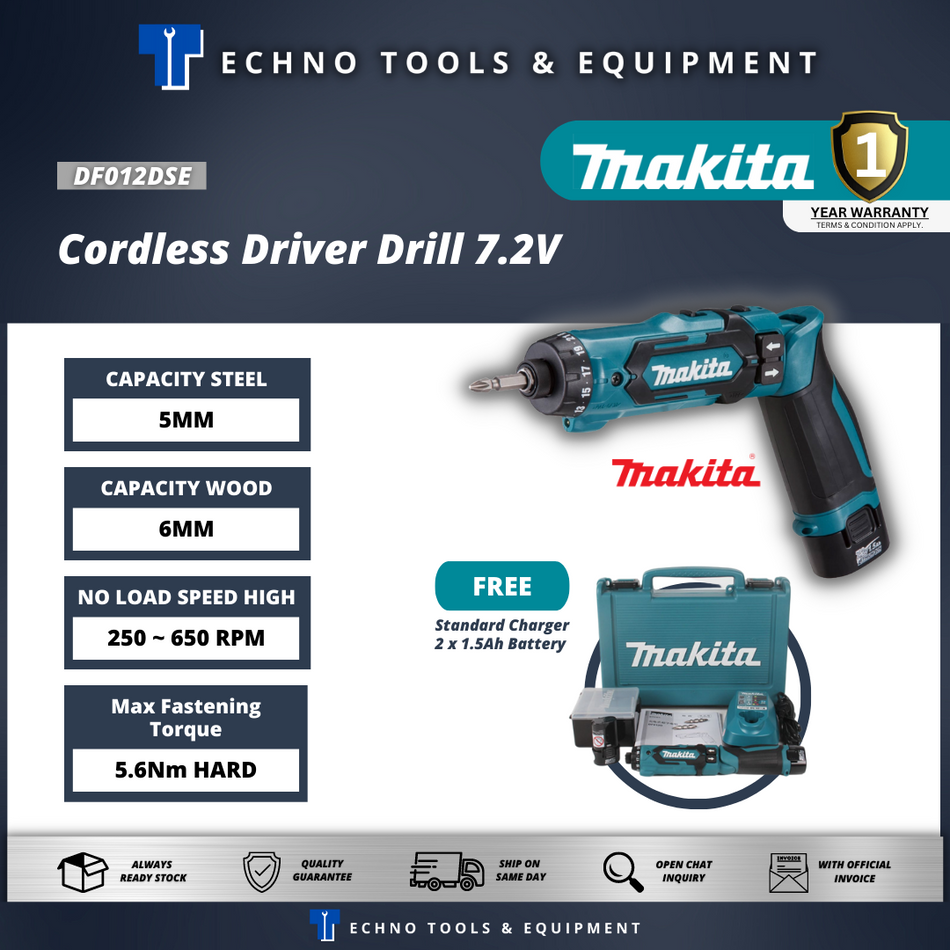 MAKITA DF012DSE Cordless Driver Drill 7.2V - 1 Year Warranty